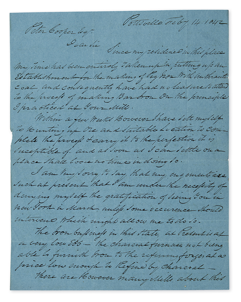 (PENNSYLVANIA.) Sabbaton, Paul A. A detailed letter on advancements in the Pennsylvania iron industry.